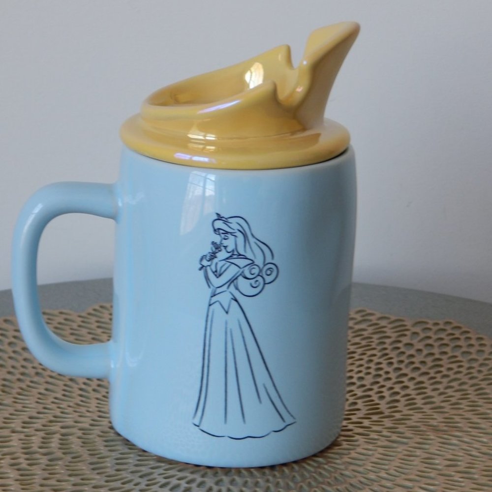 NWT Rae Dunn ONCE UPON A DREAM Sleeping Beauty Double Sided Blue Mug w/Crown Top